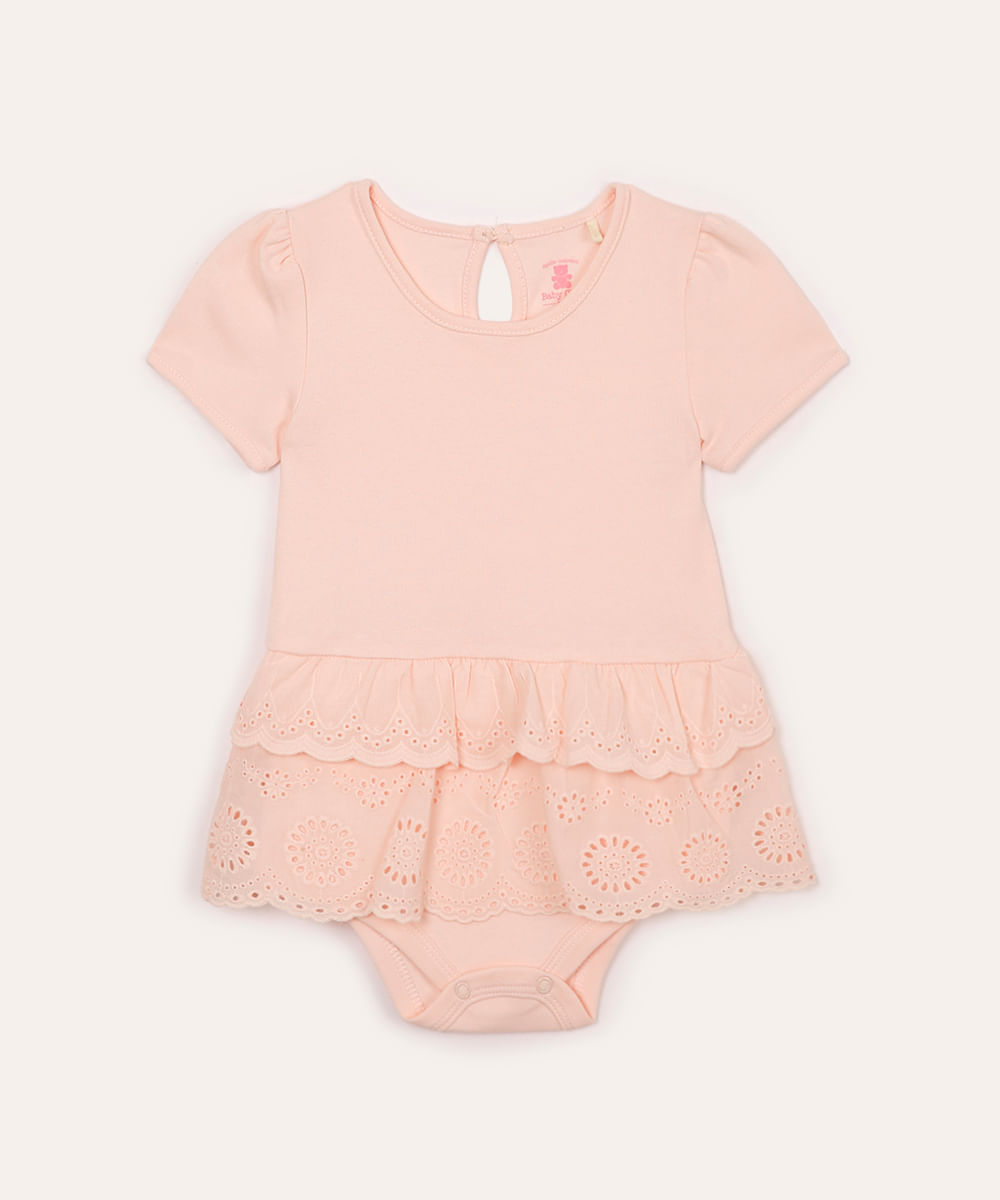 body infantil com saia  e floral vazado rosa