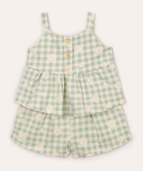conjunto curto infantil xadrez floral texturizado verde