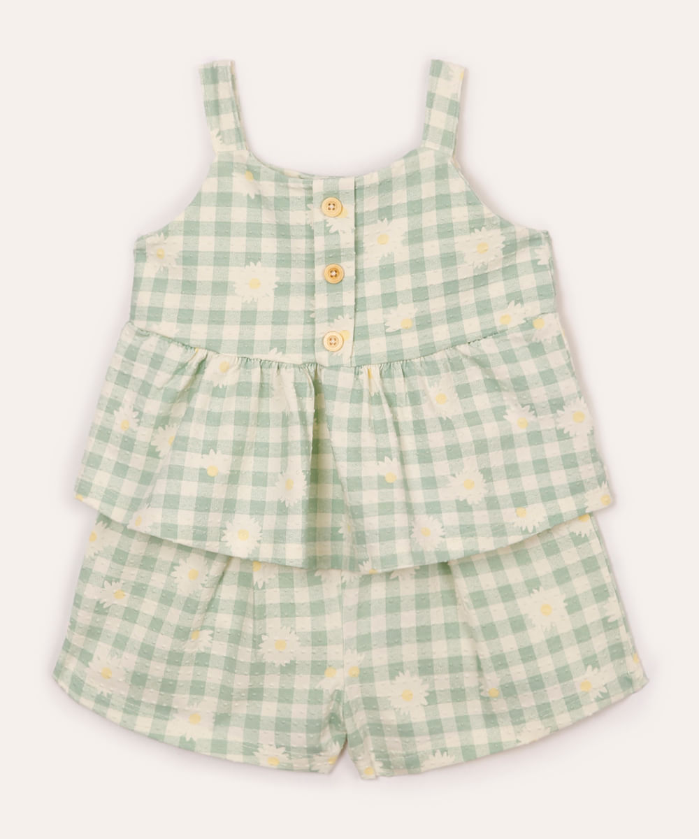 conjunto curto infantil xadrez floral texturizado verde