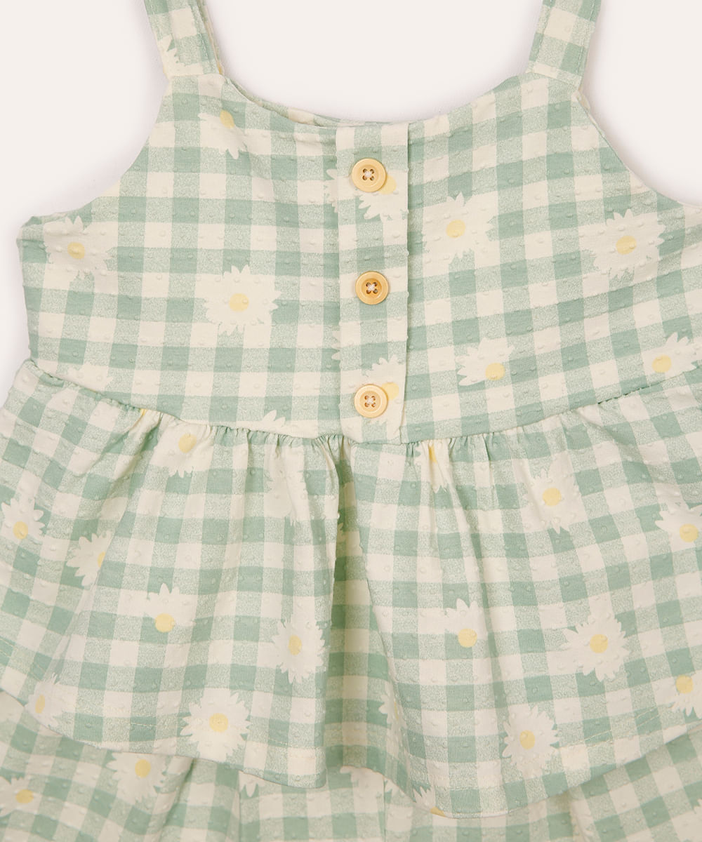 conjunto curto infantil xadrez floral texturizado verde