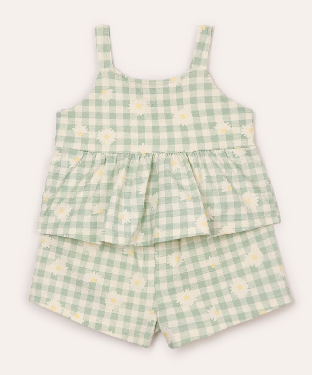 conjunto curto infantil xadrez floral texturizado verde