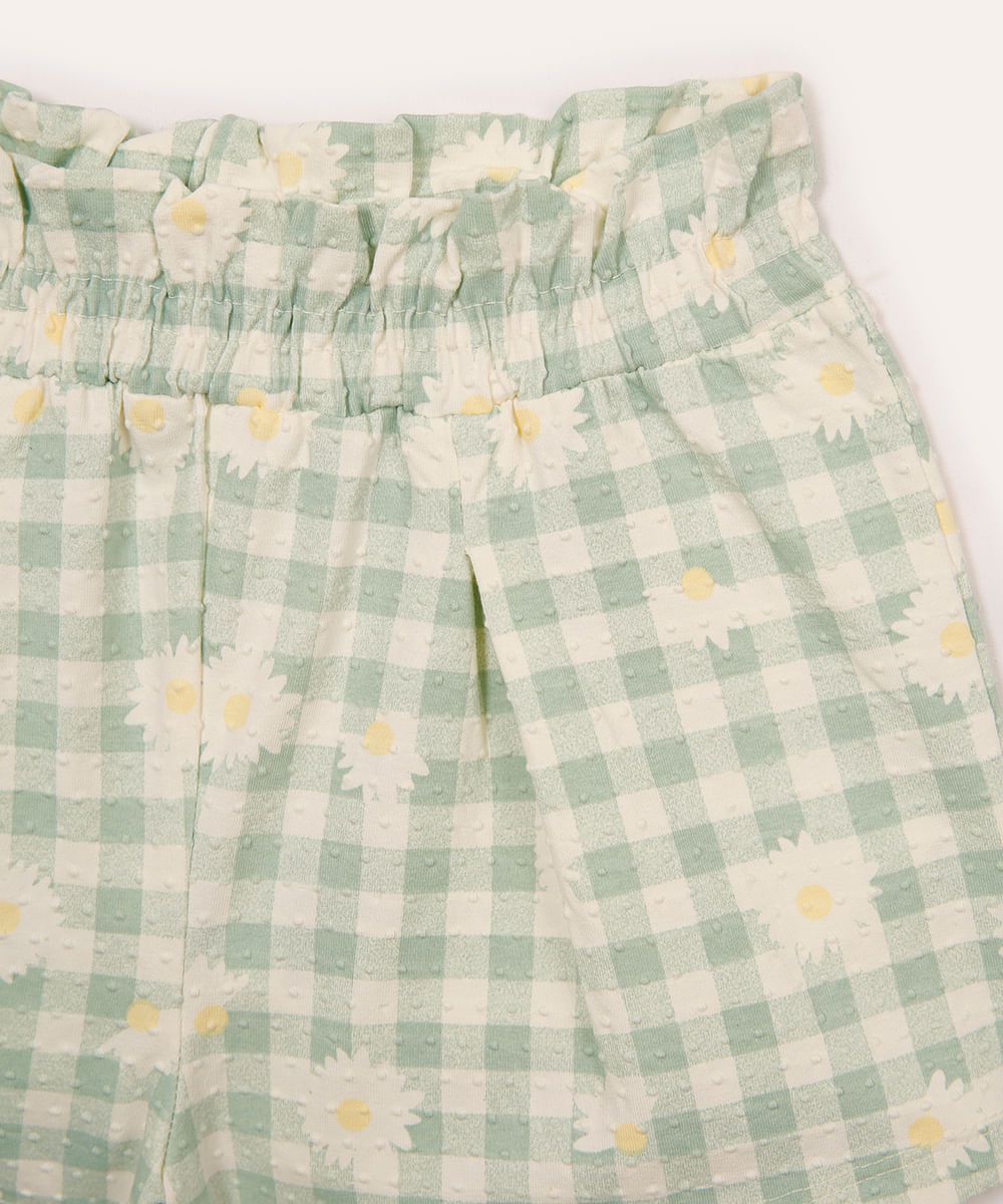 conjunto curto infantil xadrez floral texturizado verde