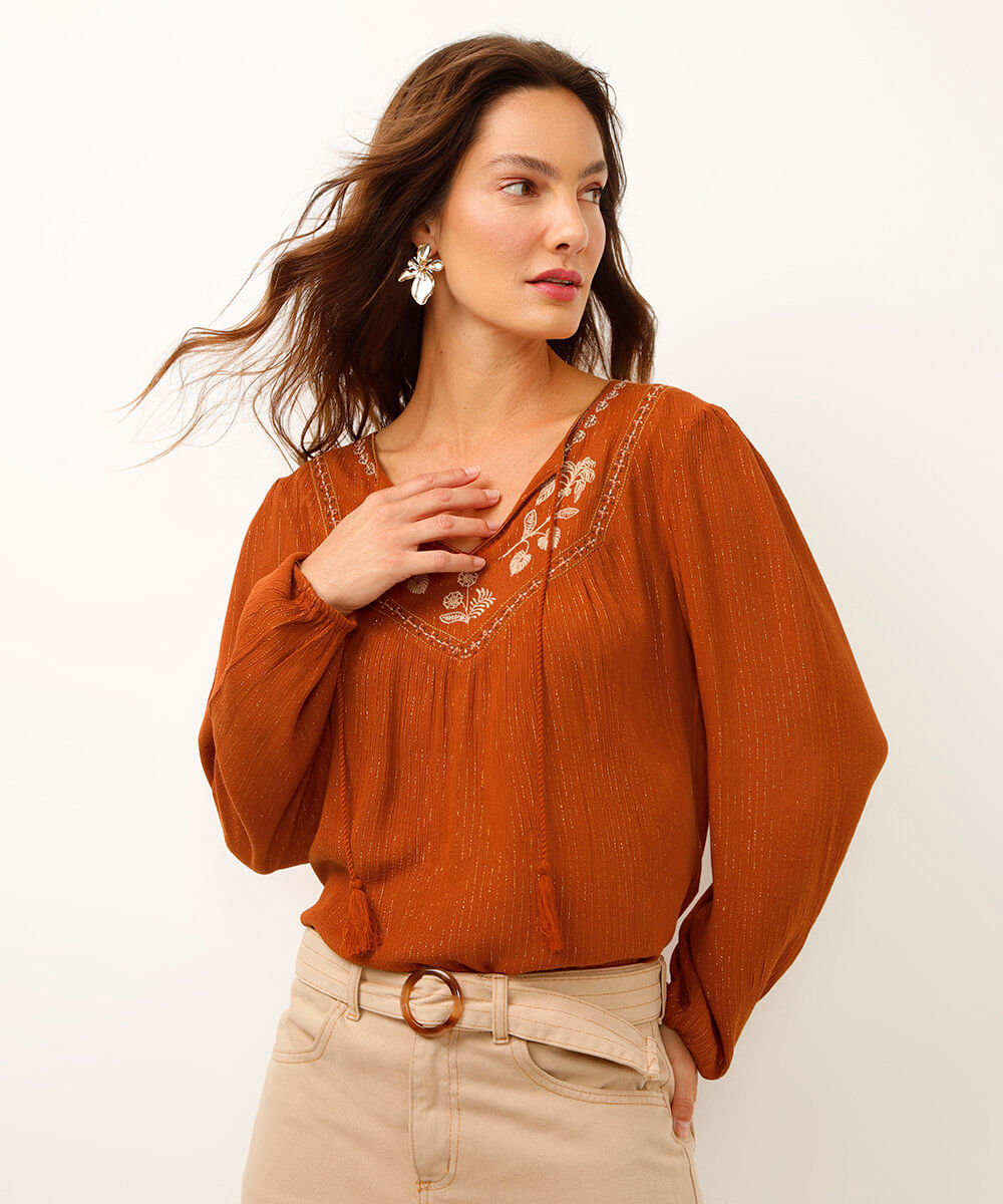 bata boho com lurex manga bufante laranja