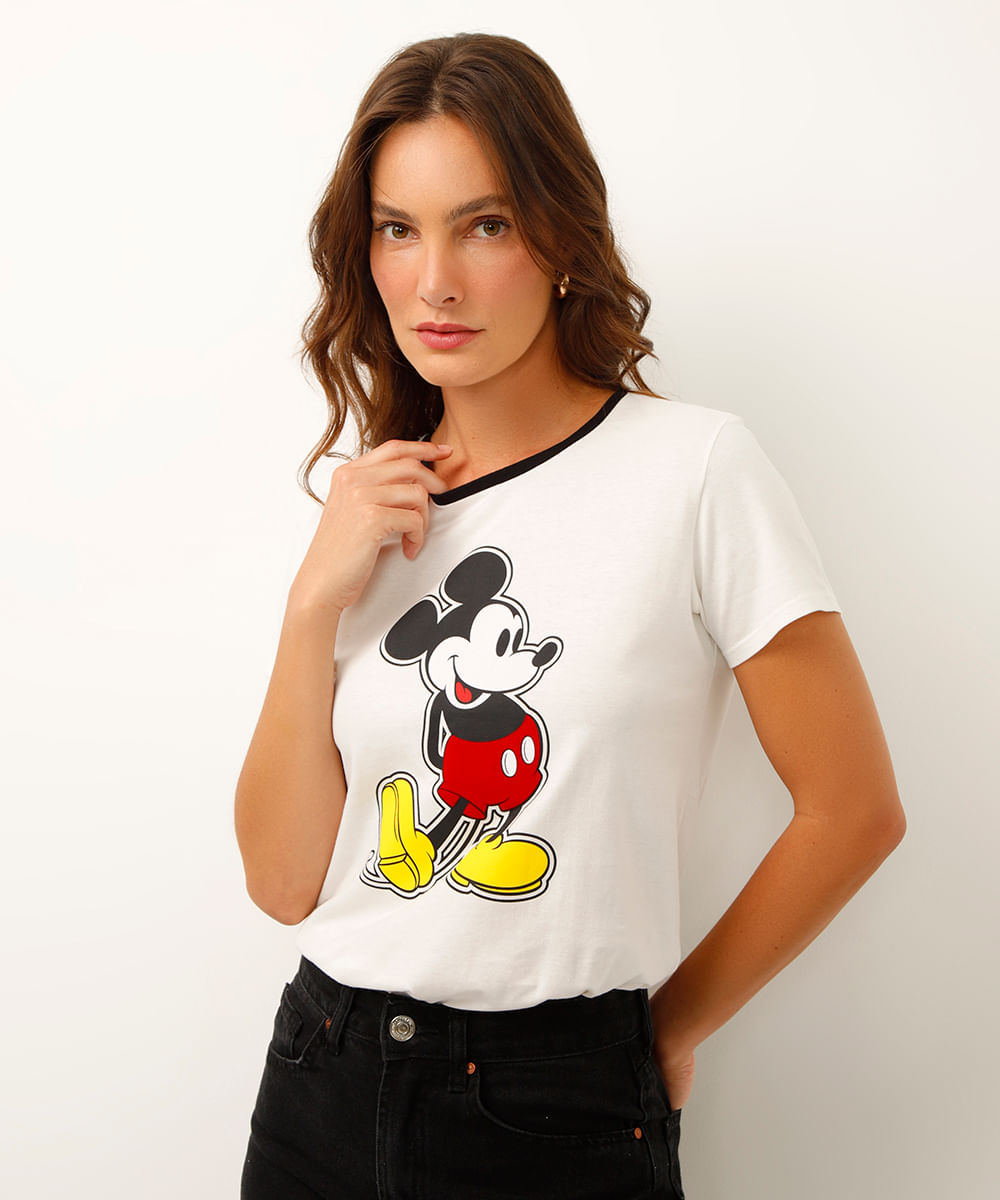 camiseta de algodão manga curta mickey off white