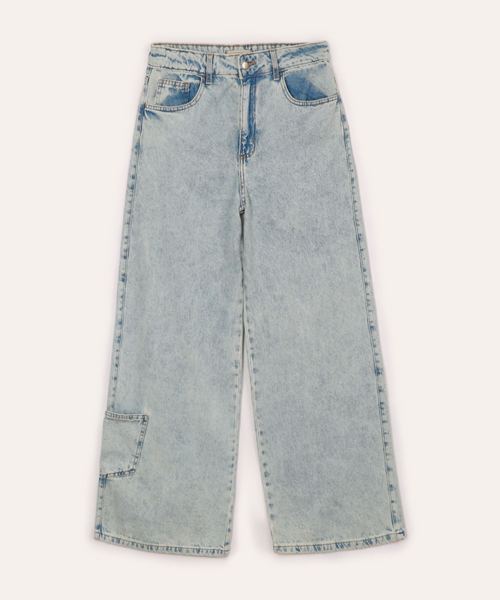 calça reta jeans juvenil com bolsos azul