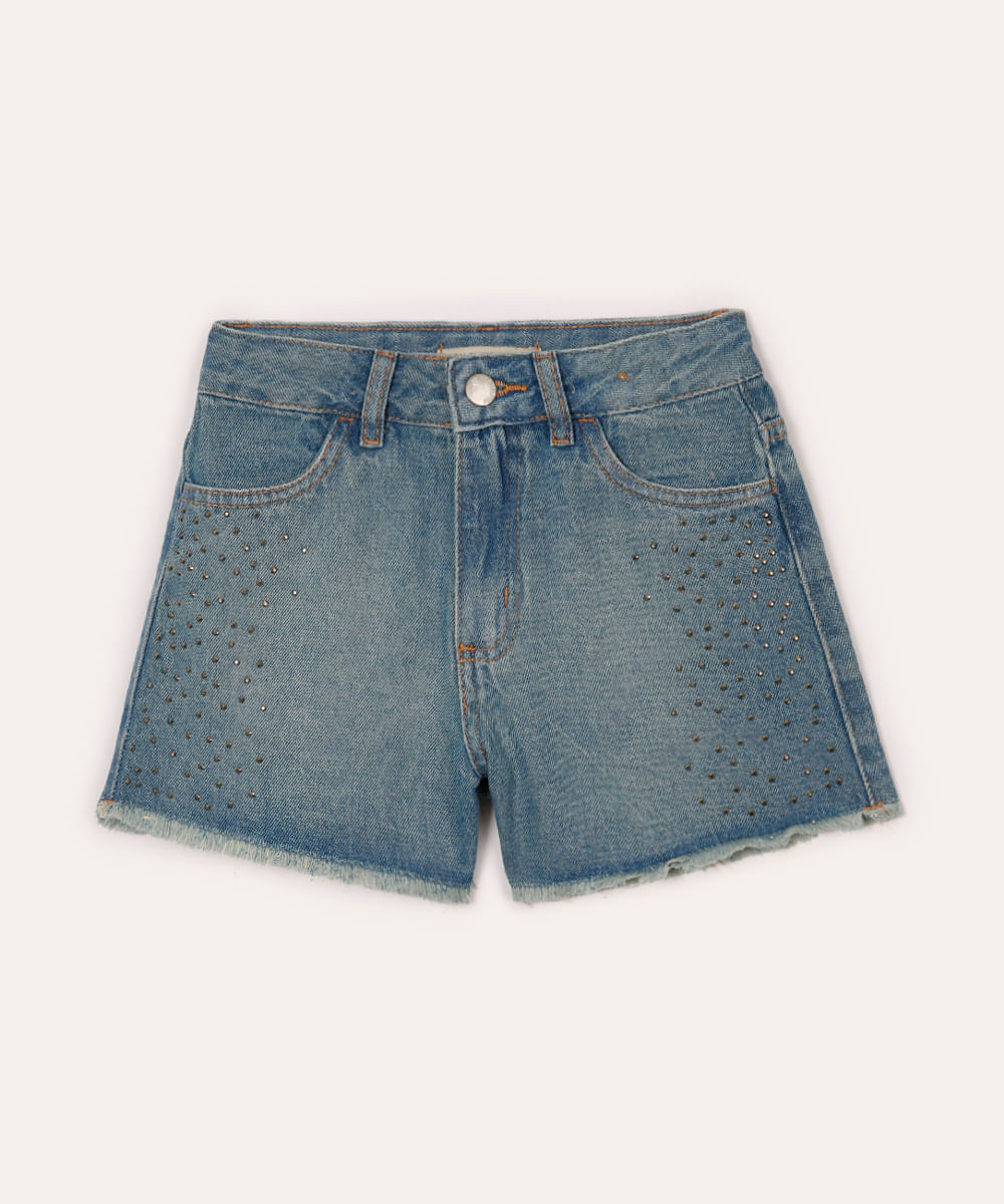 short mom jeans infantil com strass azul