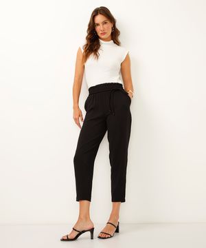 calça de viscose reta cintura alta preta
