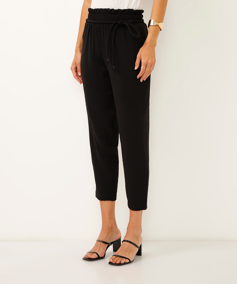 calça de viscose reta cintura alta preta