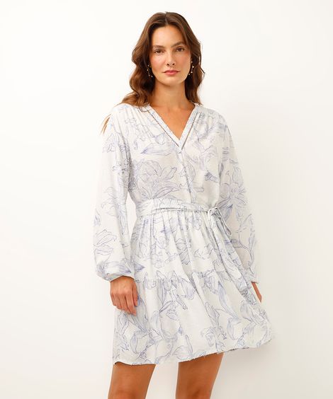 vestido curto de viscose manga bufante floral cinza