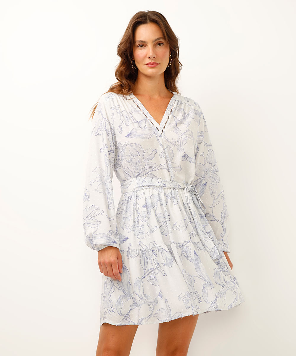 vestido curto de viscose manga bufante floral cinza