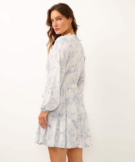 vestido curto de viscose manga bufante floral cinza
