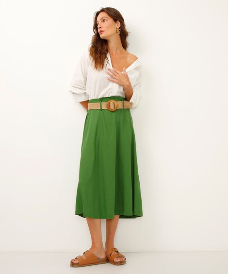 saia midi com linho cintura alta - verde militar