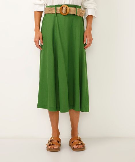saia midi com linho cintura alta - verde militar
