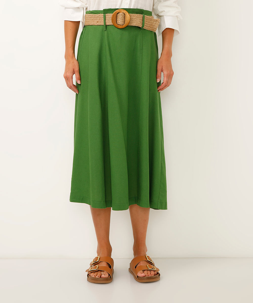 saia midi com linho cintura alta - verde militar