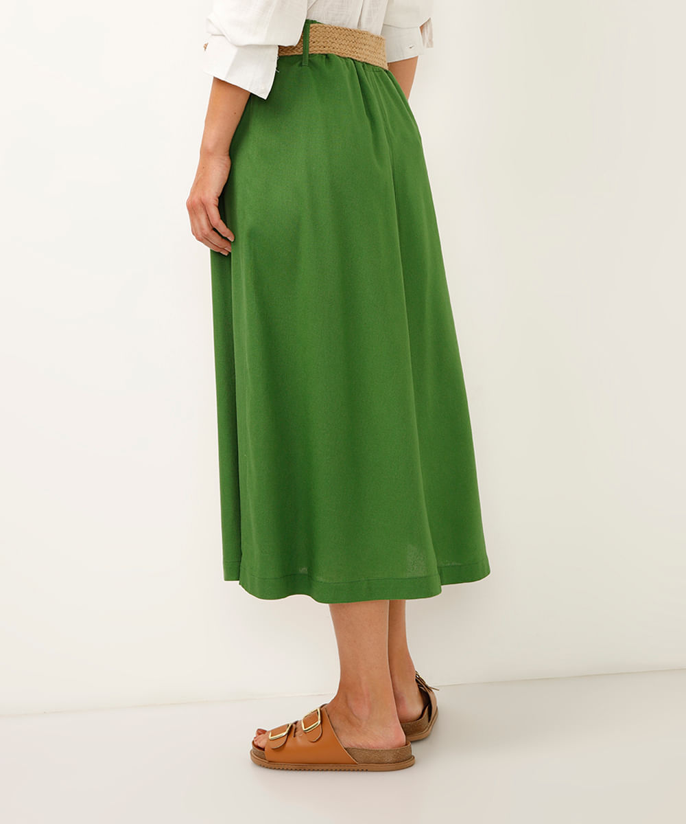 saia midi com linho cintura alta - verde militar