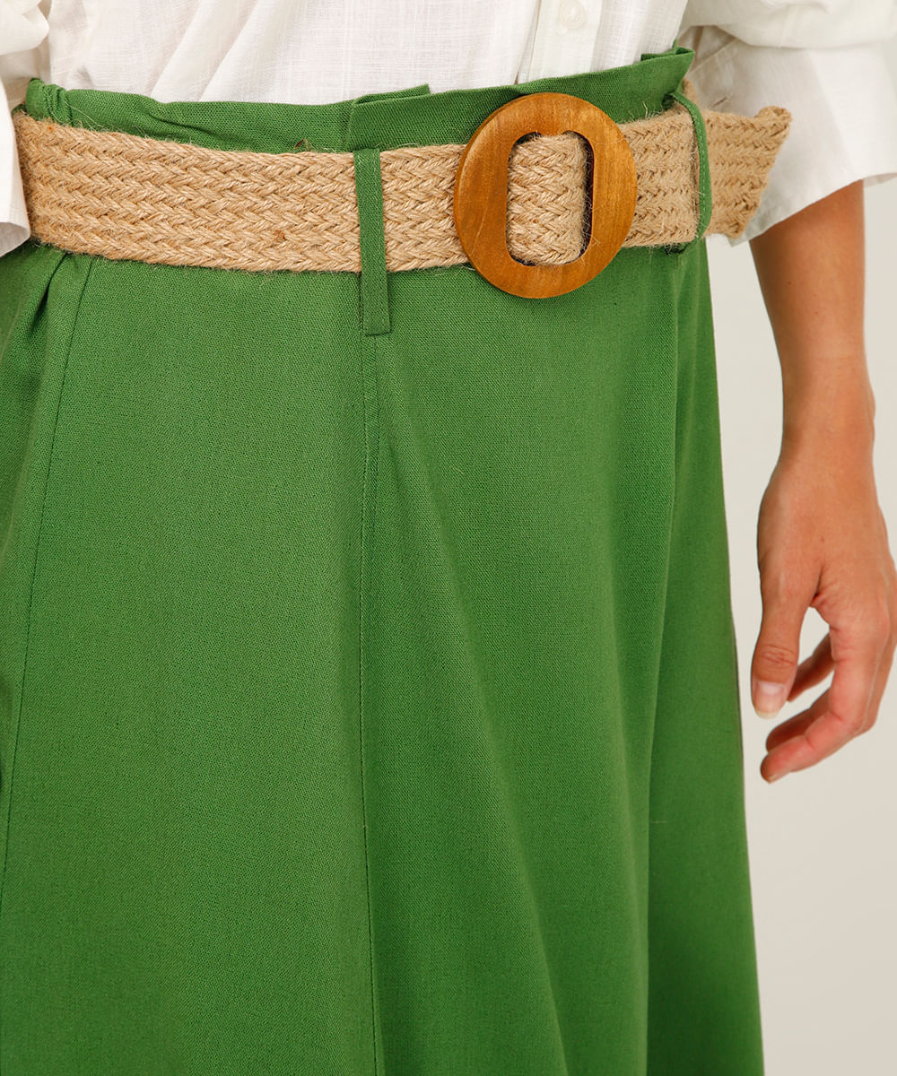 saia midi com linho cintura alta - verde militar