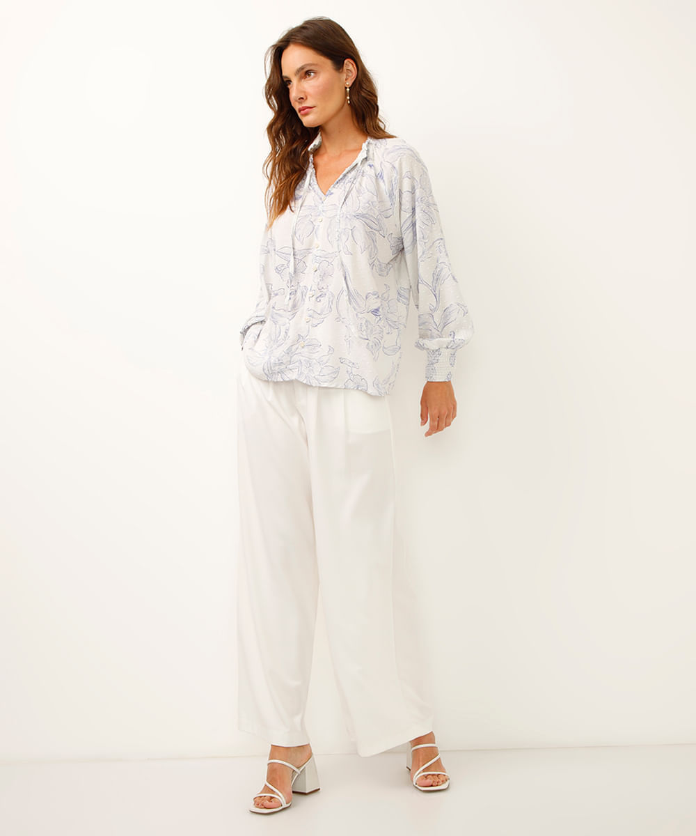 bata de viscose manga bufante floral cinza
