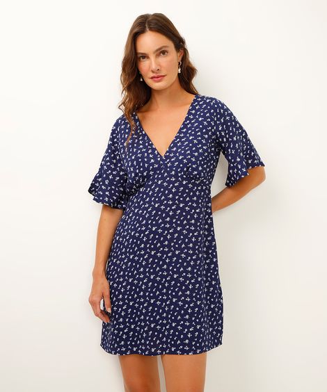 vestido curto de viscose decote v floral azul