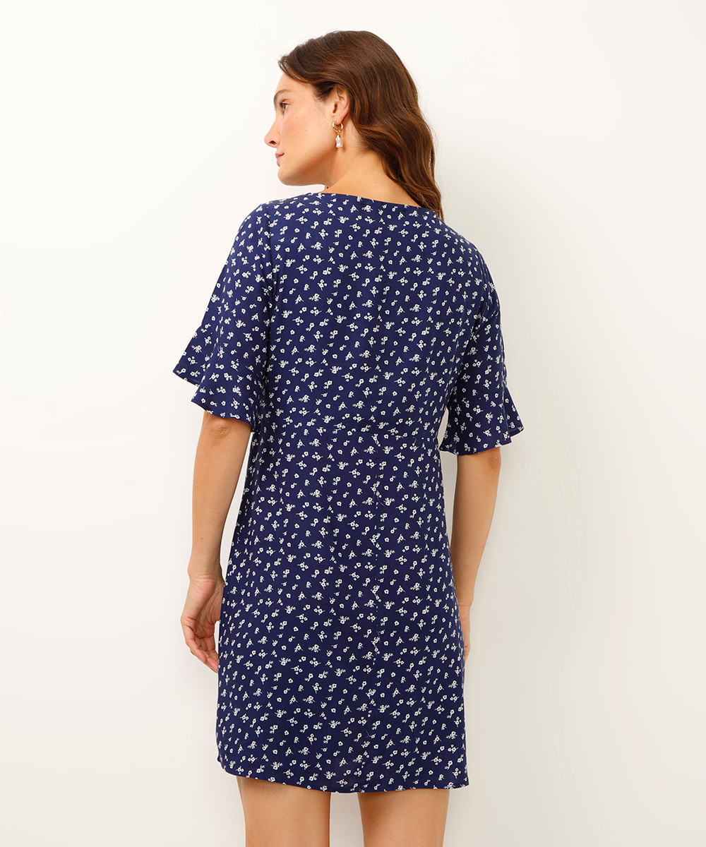 vestido curto de viscose decote v floral azul