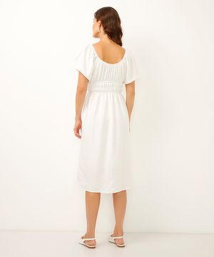 vestido midi texturizado manga curta off white