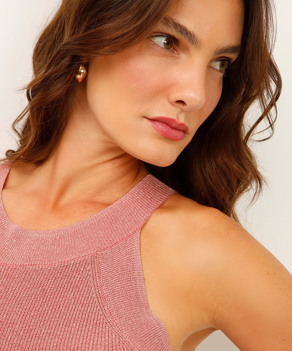 regata de tricot halterneck metalizada rosa