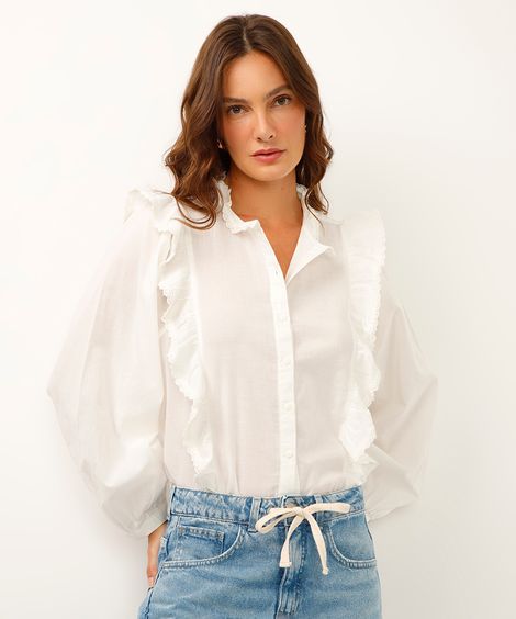 camisa com babados e bordado manga bufante off white