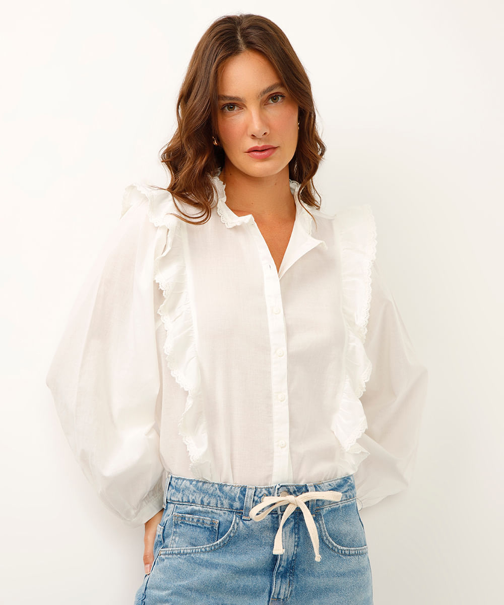 camisa com babados e bordado manga bufante off white