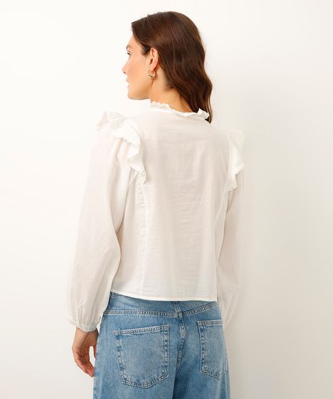 camisa com babados e bordado manga bufante off white