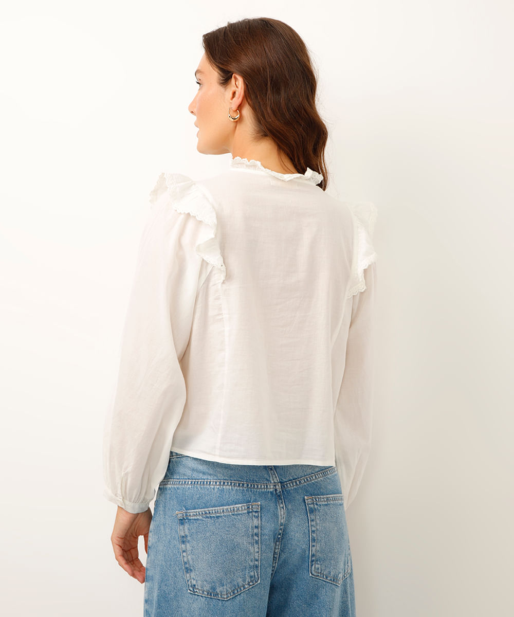 camisa com babados e bordado manga bufante off white