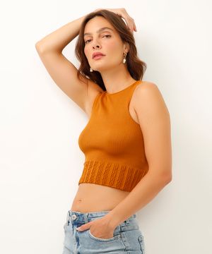 cropped canelado halter neck alça média marrom