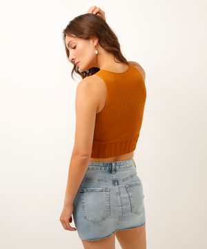 cropped canelado halter neck alça média marrom