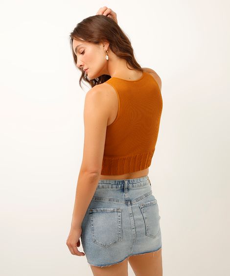 cropped canelado halter neck alça média marrom
