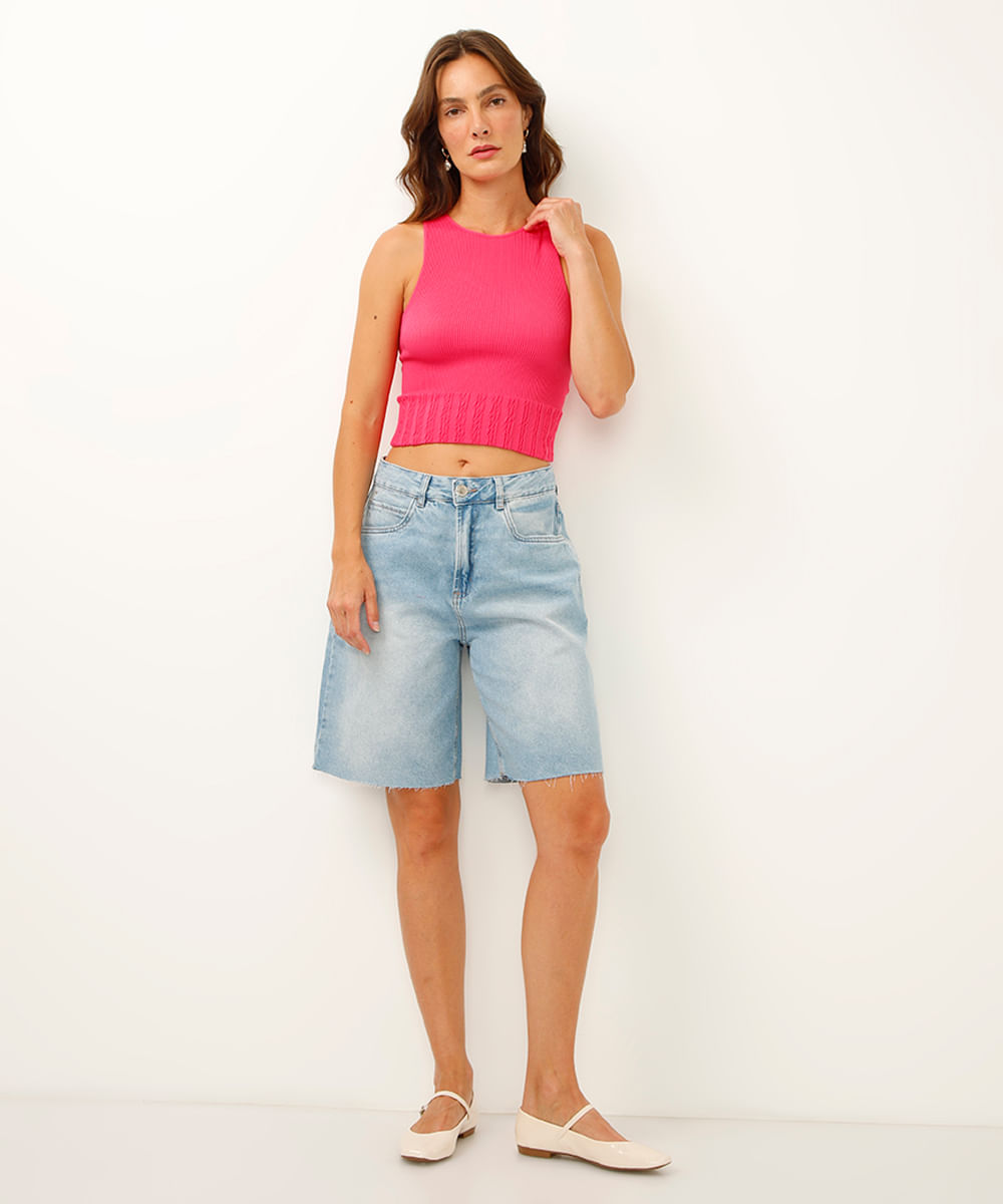 cropped canelado halterneck alça média rosa