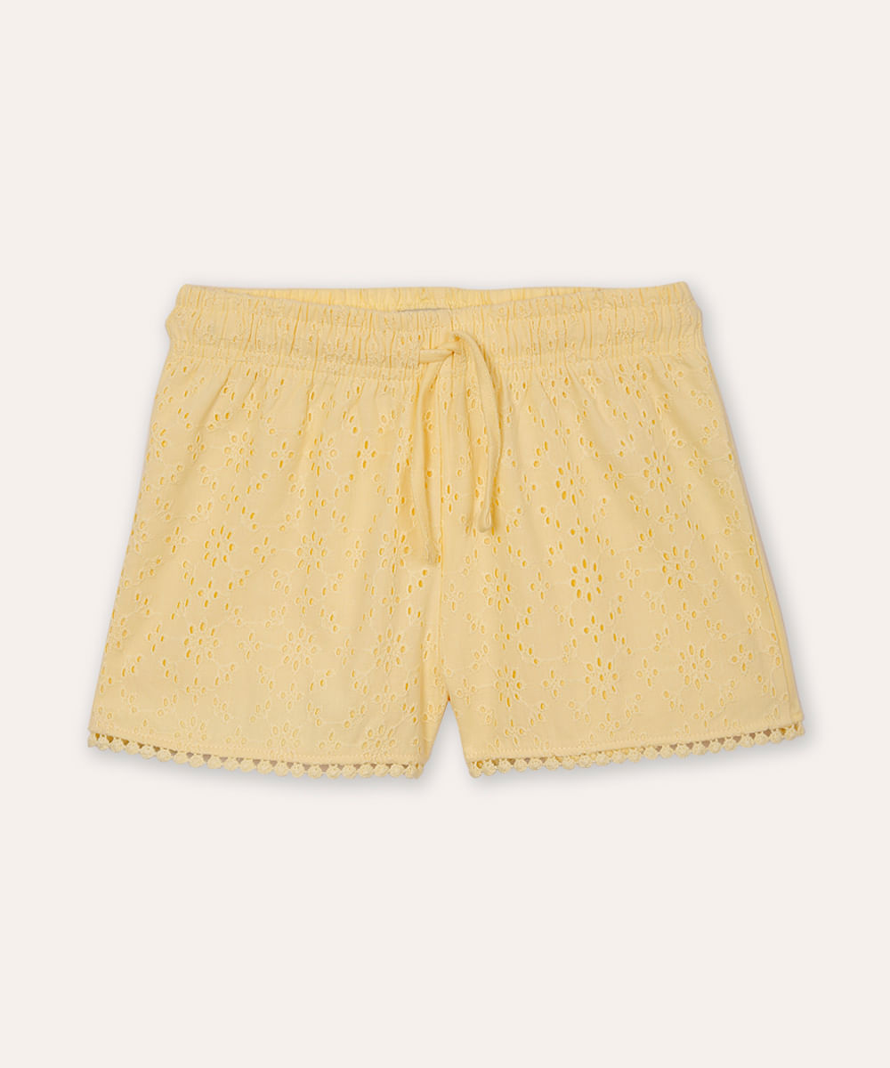 short infantil de algodão com laise amarelo