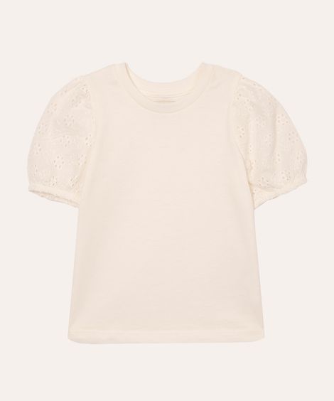 camiseta de algodão infantil manga floral vazada off white