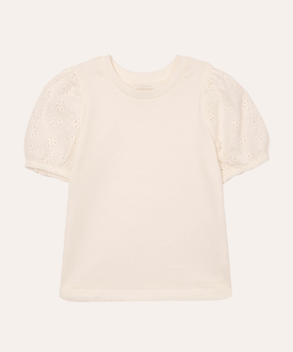 camiseta de algodão infantil manga floral vazada off white