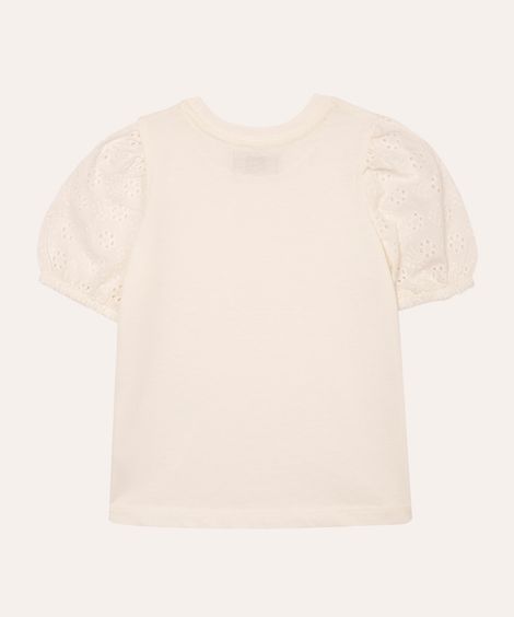 camiseta de algodão infantil manga floral vazada off white