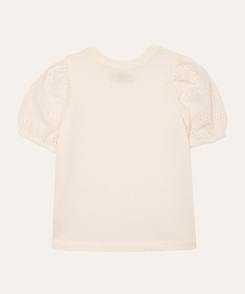 camiseta de algodão infantil manga floral vazada off white