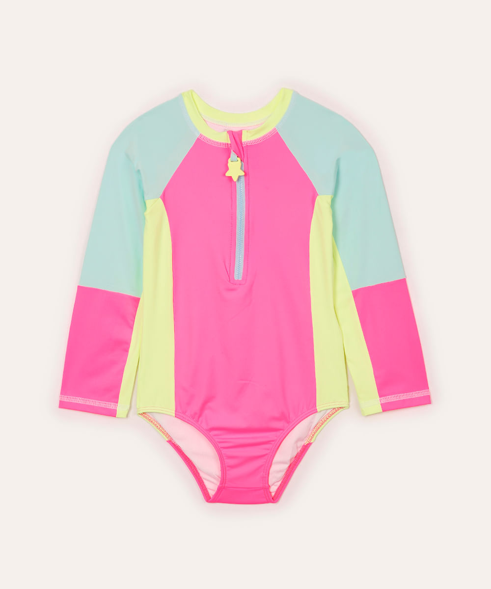 maiô infantil com recortes neon e proteção uv colorido