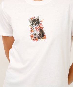 camiseta de algodão manga curta gatinho off white