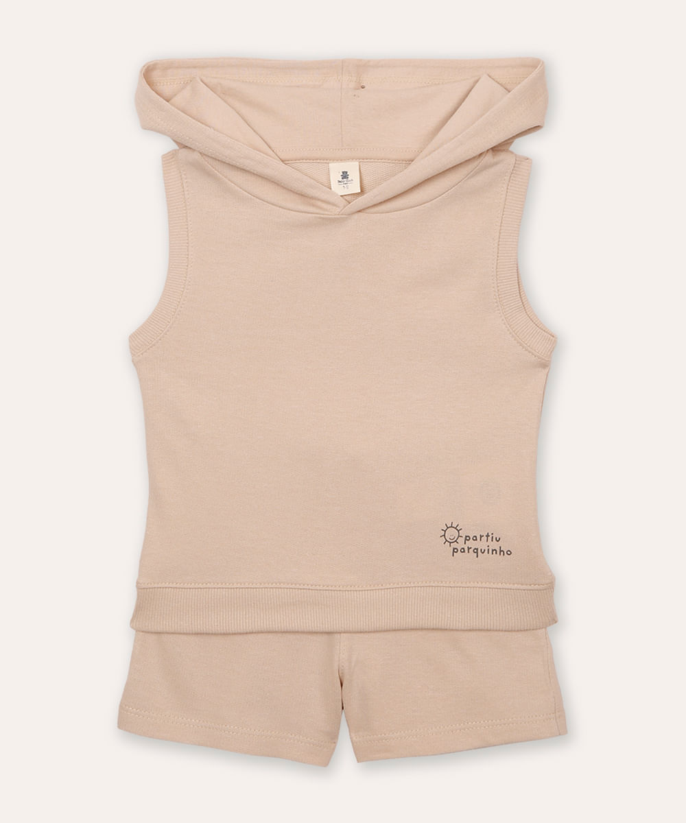 conjunto infantil curto com capuz partiu parquinho bege