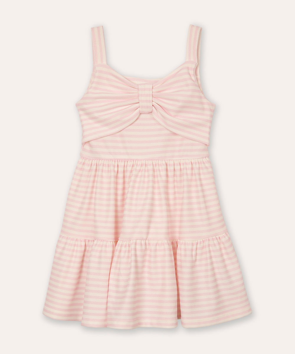 vestido midi infantil listrado com laço rosa
