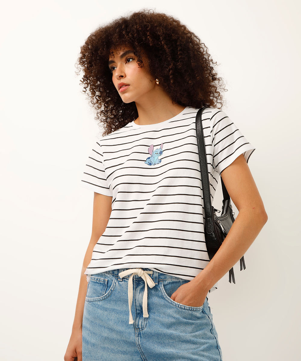 camiseta de algodão manga curta stitch listrada off white
