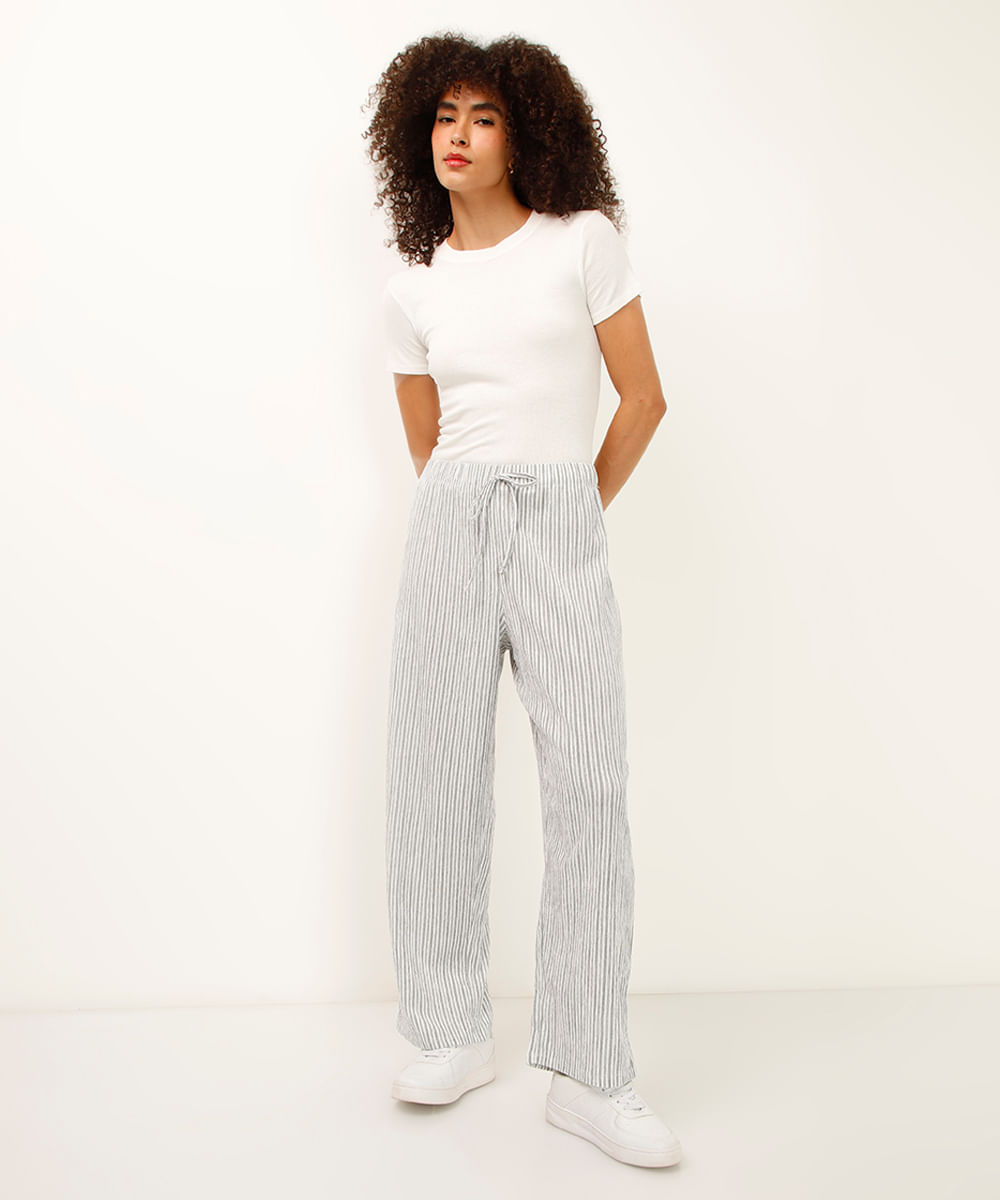 calça reta listrada texturizada off white