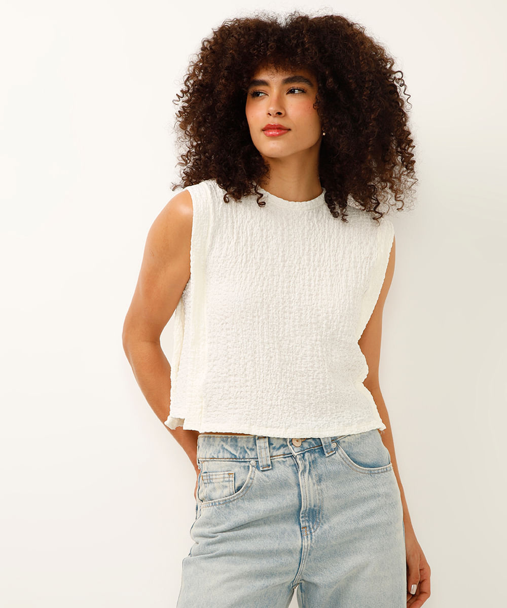 regata com recorte lateral texturizada off white