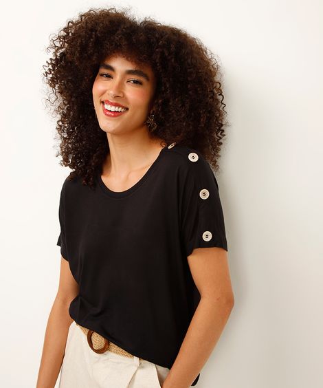 blusa de viscose manga curta com botões preta