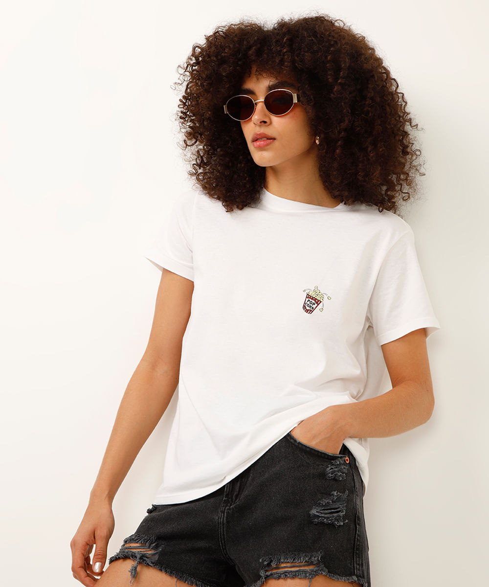 camiseta de algodão manga curta pop corn off white