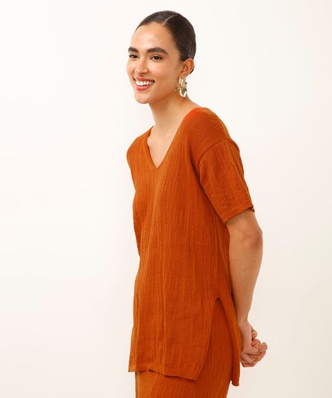 túnica de tricot decote v com fenda laranja