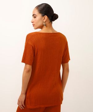 túnica de tricot decote v com fenda laranja