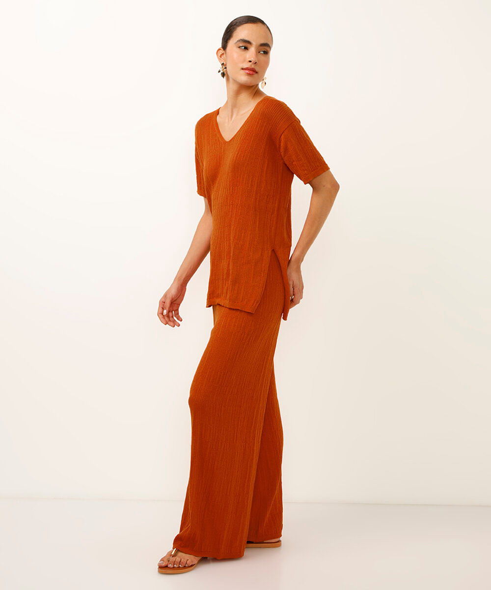 túnica de tricot decote v com fenda laranja